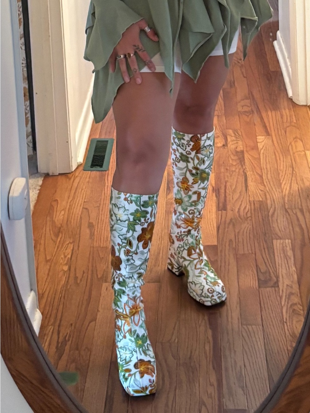 White Floral “embroidered look” Heeled Boots